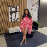 Women's Summer Casual Printed Round Neck Lantern Sleeve Two-Piece Shorts Set