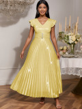 Women bridesmaid dress silver v-neck pleated elegant Formal Party Dress