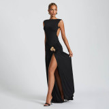 Women's Summer Sexy Solid Sleeveless Low Back Slit Pleated Long Dress