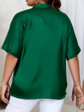 Women's Plus Size Dark Green Shirt Casual V-Neck Luxury Short Sleeve Top
