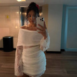 Women's Chic Lace Patchwork Off-Shoulder Knit Short Dress