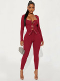 Women's Autumn Lace-Up Long Sleeve Solid Two-Piece Pants Set