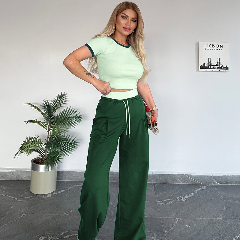 Women's Summer Color-Blocked Round Neck Short Sleeve Casual Pants Set