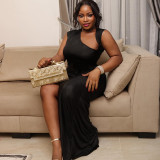 Women's Elegant Chic Solid Pleated Slit Slash Shoulder Long Dress