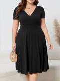 Women's Plus Size Solid Deep V-Neck Slim Waist Short Sleeve A-Line Elegant Dress