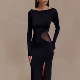 Women's Long Sleeve Cut-Out See Through Slit Long Dress