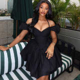 Women's Elegant Chic Solid Slim-Waist Pleated Halter Neck V-Neck Short Dress