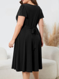 Women's Plus Size Solid Deep V-Neck Slim Waist Short Sleeve A-Line Elegant Dress
