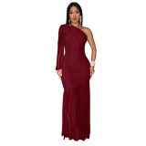 Women's Autumn Solid One-Shoulder Slash Shoulder Pleated Mesh Long Dress