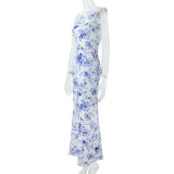 Women's Summer Off Shoulder Printed Bodycon Long Dress