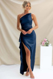 Women's Summer Solid Slit One-Shoulder Evening Dress