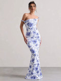 Women's Summer Off Shoulder Printed Bodycon Long Dress