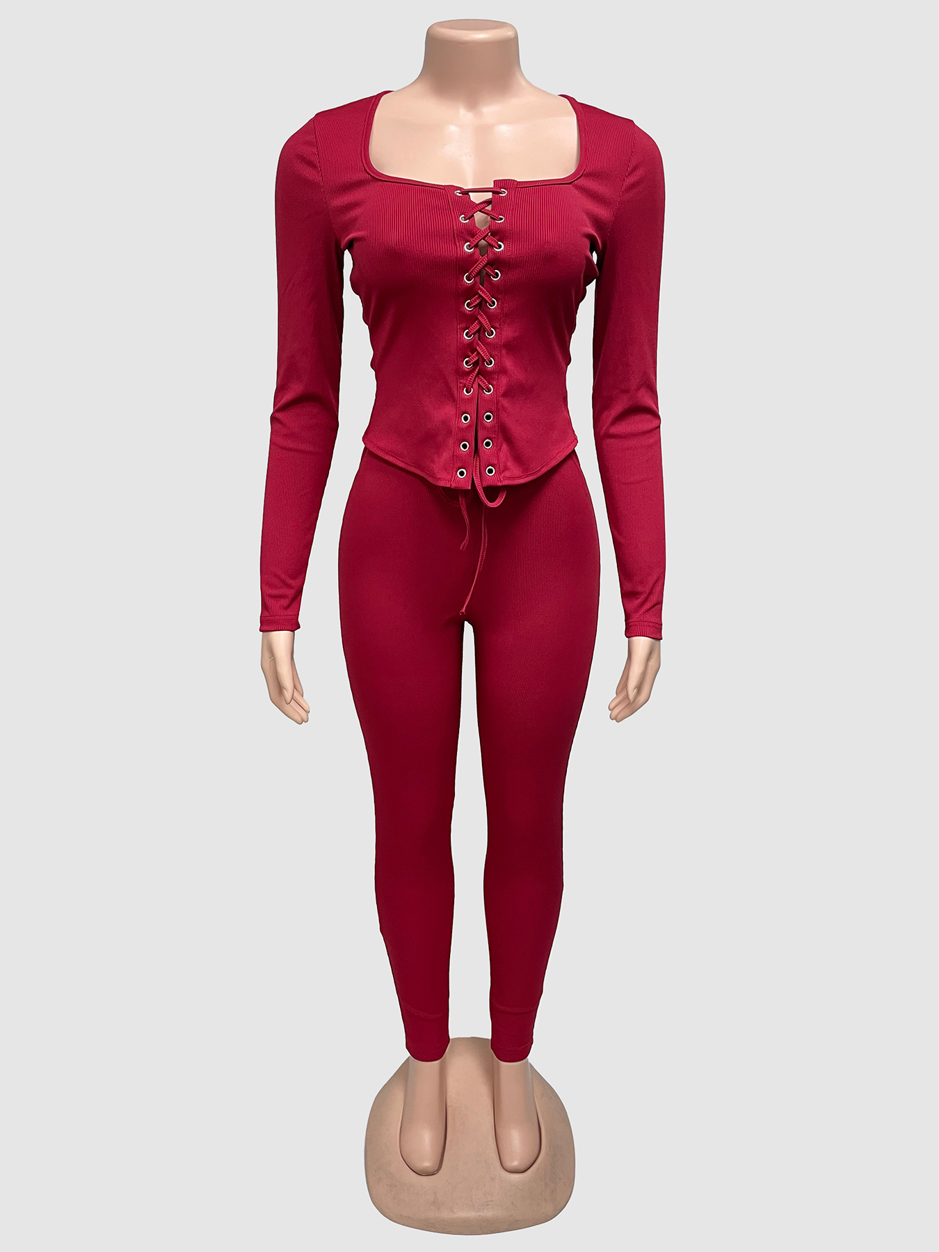 Women's Autumn Lace-Up Long Sleeve Solid Two-Piece Pants Set