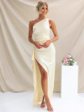 Women's Summer Solid Slit One-Shoulder Evening Dress