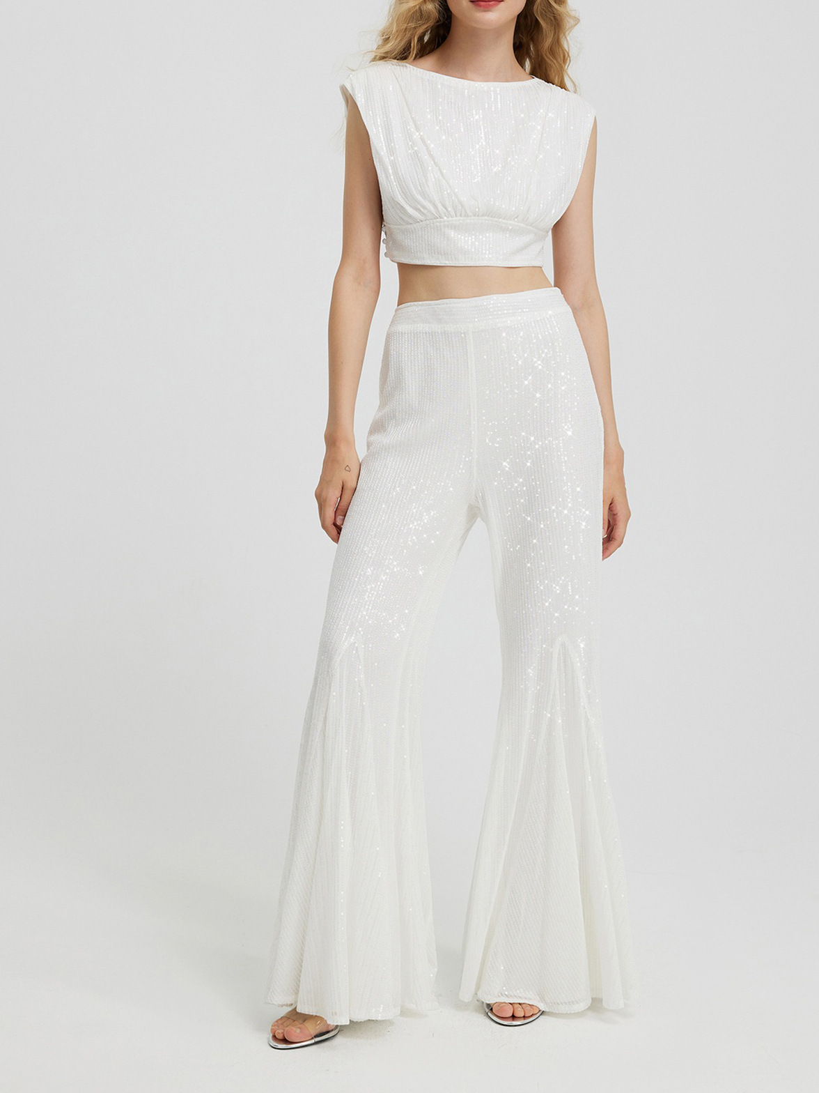 Women's Sequin Sleeveless Crop Top and High-Waist Bell Bottom Pants Set