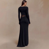 Women's Long Sleeve Cut-Out See Through Slit Long Dress