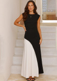 Women's Round Neck Sleeveless Slim Waist Patchwork High-Waist Long Dress