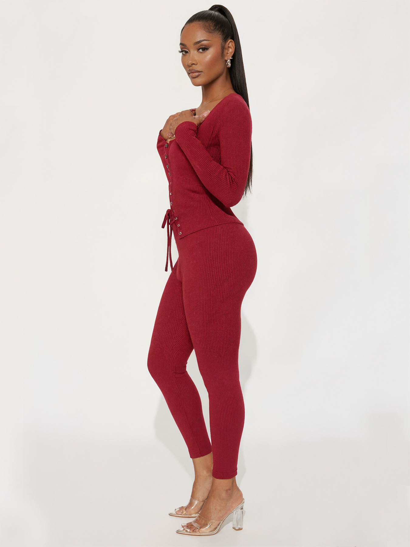 Women's Autumn Lace-Up Long Sleeve Solid Two-Piece Pants Set