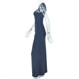 Women's Elegant Chic Solid Pleated Slit Slash Shoulder Long Dress