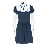 Women's Elegant Chic Solid Slim-Waist Pleated Halter Neck V-Neck Short Dress