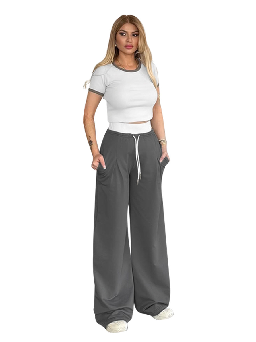 Women's Summer Color-Blocked Round Neck Short Sleeve Casual Pants Set