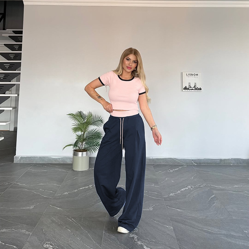 Women's Summer Color-Blocked Round Neck Short Sleeve Casual Pants Set