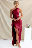 Women's Summer Solid Slit One-Shoulder Evening Dress