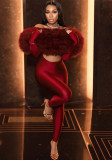 Women's Autumn Off-Shoulder Furry Patchwork Sexy Hollow Out Long Sleeve Jumpsuit