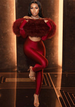 Women's Autumn Off-Shoulder Furry Patchwork Sexy Hollow Out Long Sleeve Jumpsuit