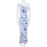 Women's Summer Off Shoulder Printed Bodycon Long Dress