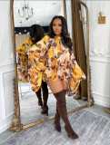 Women's Summer Casual Printed Round Neck Lantern Sleeve Two-Piece Shorts Set