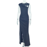 Women's Elegant Chic Solid Pleated Slit Slash Shoulder Long Dress