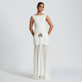 Women's Summer Sexy Solid Sleeveless Low Back Slit Pleated Long Dress
