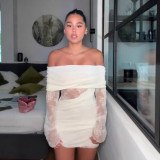 Women's Chic Lace Patchwork Off-Shoulder Knit Short Dress