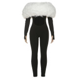 Women's Autumn Off-Shoulder Furry Patchwork Sexy Hollow Out Long Sleeve Jumpsuit