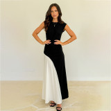 Women's Round Neck Sleeveless Slim Waist Patchwork High-Waist Long Dress
