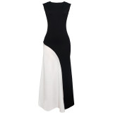 Women's Round Neck Sleeveless Slim Waist Patchwork High-Waist Long Dress