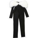 Women's Autumn Off-Shoulder Furry Patchwork Sexy Hollow Out Long Sleeve Jumpsuit