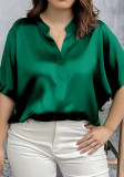 Women's Plus Size Dark Green Shirt Casual V-Neck Luxury Short Sleeve Top