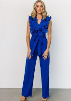 Women's Sexy V-Neck Low Back Ruffle Edge Tie-Front Casual Long Jumpsuit Women's Sexy V-Neck Low Back Ruffle Edge Tie-Front Casual Long Jumpsuit