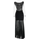 Women's Summer Sexy Solid Sleeveless Low Back Slit Pleated Long Dress