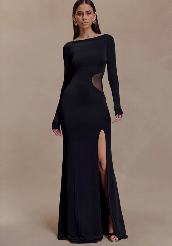 Women's Long Sleeve Cut-Out See Through Slit Long Dress