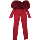 Women's Autumn Off-Shoulder Furry Patchwork Sexy Hollow Out Long Sleeve Jumpsuit