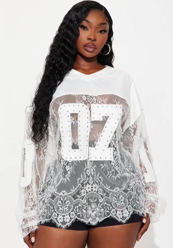 Women's Lace Embroidered Patchwork See-Through V-Neck Long Sleeve Top