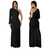 Women's Autumn Solid One-Shoulder Slash Shoulder Pleated Mesh Long Dress