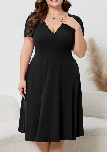 Women's Plus Size Solid Deep V-Neck Slim Waist Short Sleeve A-Line Elegant Dress