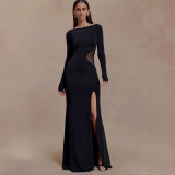Women's Long Sleeve Cut-Out See Through Slit Long Dress