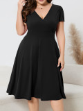 Women's Plus Size Solid Deep V-Neck Slim Waist Short Sleeve A-Line Elegant Dress