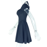 Women's Elegant Chic Solid Slim-Waist Pleated Halter Neck V-Neck Short Dress