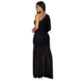 Women's Autumn Solid One-Shoulder Slash Shoulder Pleated Mesh Long Dress
